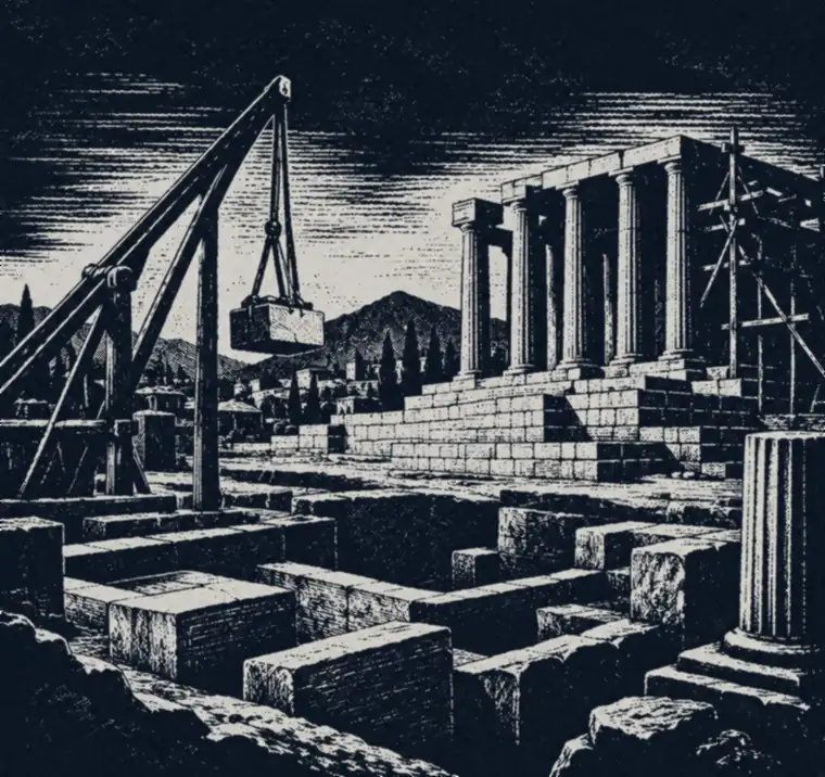 Engraving of a temple being built on cut-stone foundations, a crane lifting a block into place