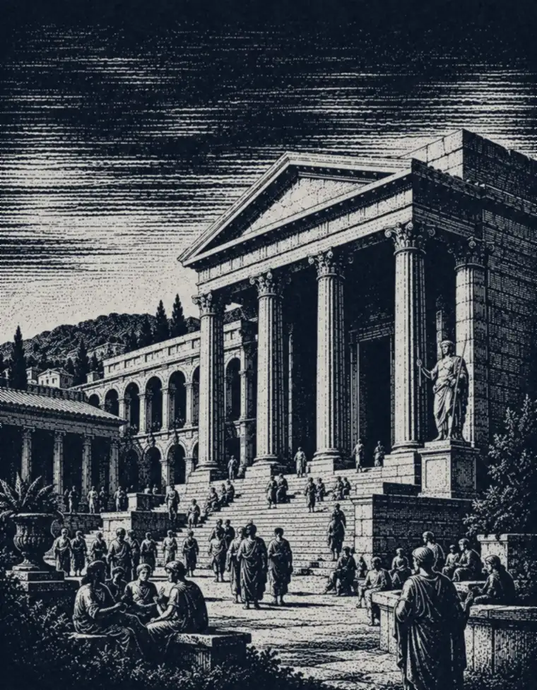 Engraving of a finished temple and busy public square, people gathered on the steps and around a fountain