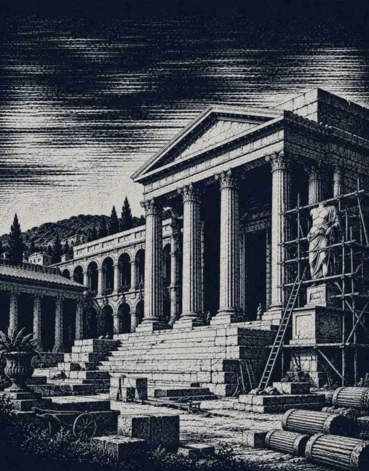 Engraving of a nearly finished temple, scaffolding around a statue and column drums waiting on the ground